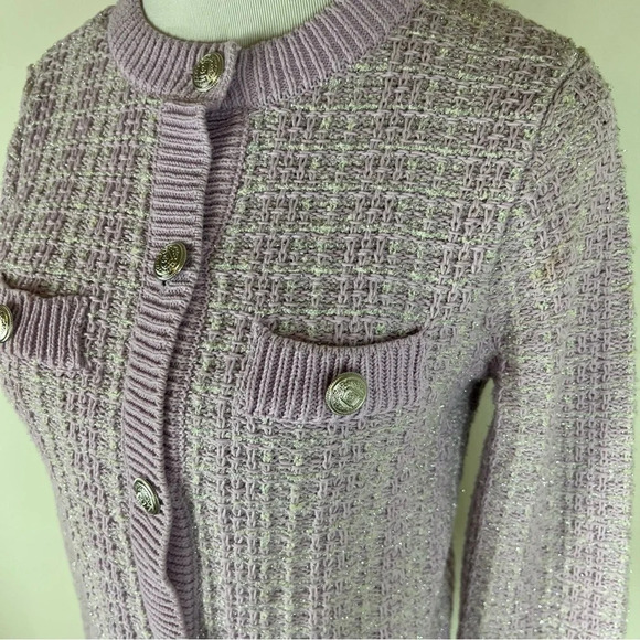 Mango Tweed Metallic Cardigan Sweater Lady Jacket Lavender Silver Size XS - Picture 7 of 13